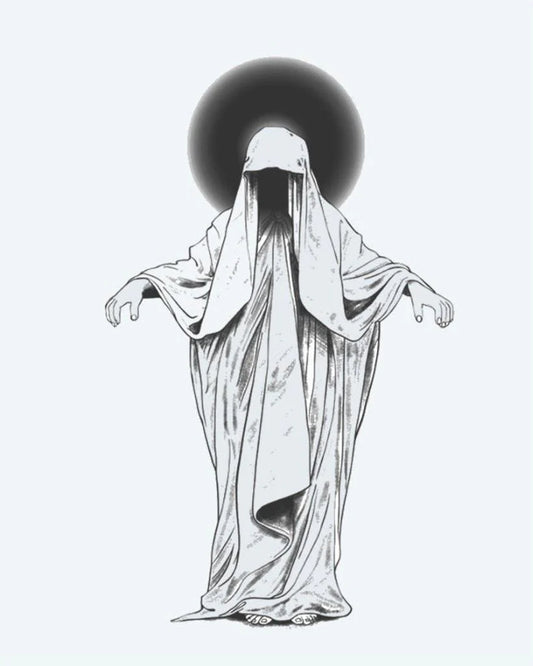 Tatuaje semi-permanente Fantasma Velado diseño de INKON – ilustración de misterioso, con toga, figura, velado, rostro, 4 x 7 in (10x17cm), disponible en inkon.co