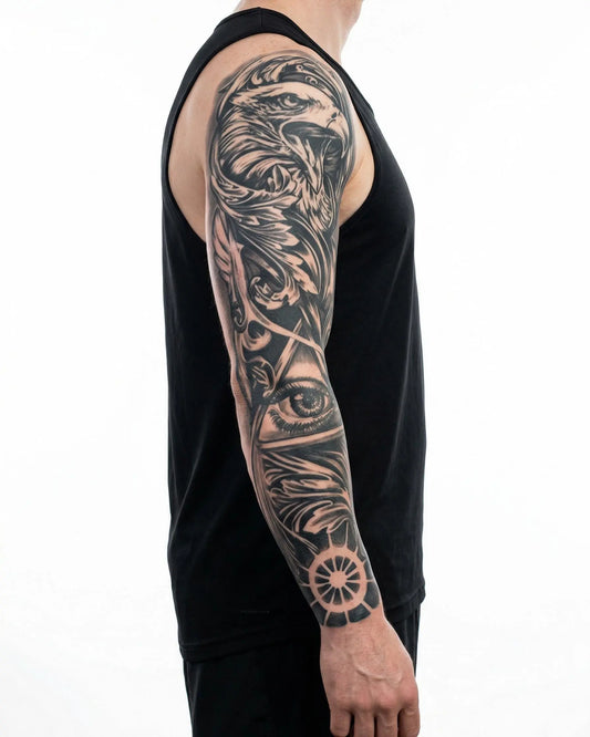 INKON Águila y Ojo que Todo lo Ve tatuaje semi-permanente aplicado en un hombre – diseño de 8 x 20 in (20x50cm), apariencia de tinta realista, dura 10 días