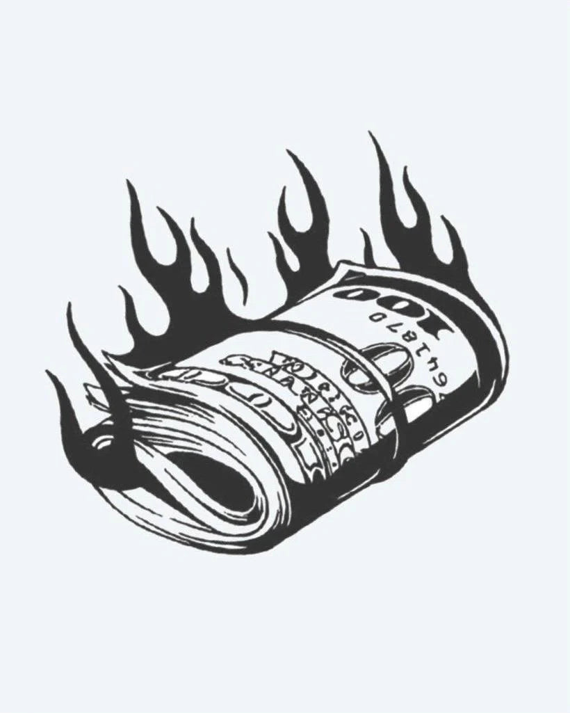Tatuaje semi-permanente Rollo de Billetes en Llamas diseño de INKON – ilustración de ardiendo, dinero, rollo, enrollado, pila, 3 x 4 in (7x10cm), disponible en inkon.co