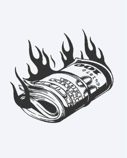 Tatuaje semi-permanente Rollo de Billetes en Llamas diseño de INKON – ilustración de ardiendo, dinero, rollo, enrollado, pila, 3 x 4 in (7x10cm), disponible en inkon.co