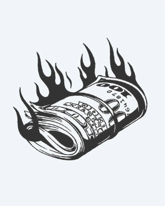 Tatuaje semi-permanente Rollo de Billetes en Llamas diseño de INKON – ilustración de ardiendo, dinero, rollo, enrollado, pila, 3 x 4 in (7x10cm), disponible en inkon.co