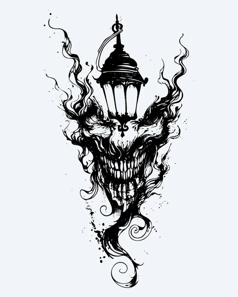 Tatuaje semi-permanente Linterna del Demonio diseño de INKON – ilustración de siniestro, calavera, con rostro, demonio, fusionándose, 4 x 7 in (10x17cm), disponible en inkon.co
