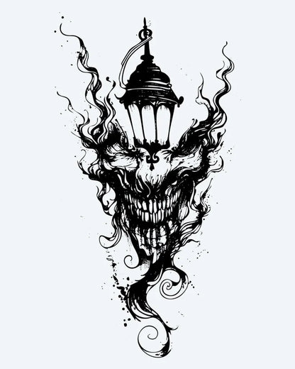 Tatuaje semi-permanente Linterna del Demonio diseño de INKON – ilustración de siniestro, calavera, con rostro, demonio, fusionándose, 4 x 7 in (10x17cm), disponible en inkon.co