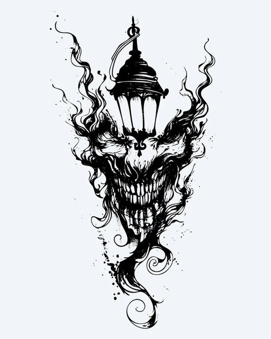 Tatuaje semi-permanente Linterna del Demonio diseño de INKON – ilustración de siniestro, calavera, con rostro, demonio, fusionándose, 4 x 7 in (10x17cm), disponible en inkon.co