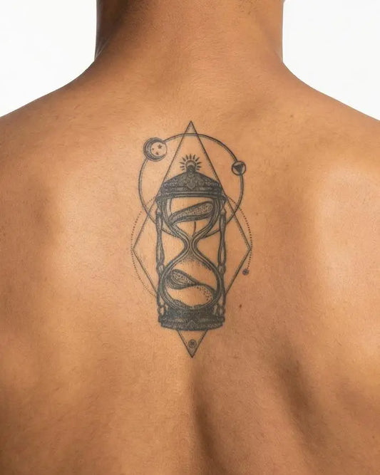 INKON Reloj de Arena Cósmico tatuaje semi-permanente aplicado en un hombre – diseño de 4 x 7 in (10x17cm), apariencia de tinta realista, dura 10 días