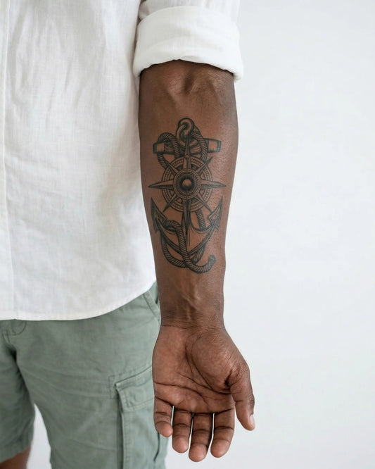 INKON Ancla y Rosa de los Vientos tatuaje semi-permanente aplicado en un hombre – diseño de 4 x 7 in (10x17cm), apariencia de tinta realista, dura 10 días