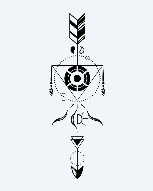 Tatuaje semi-permanente Flecha Geométrica diseño de INKON – ilustración de nítido, fino, líneas, preciso, dotwork, 4 x 7 in (10x17cm), disponible en inkon.co