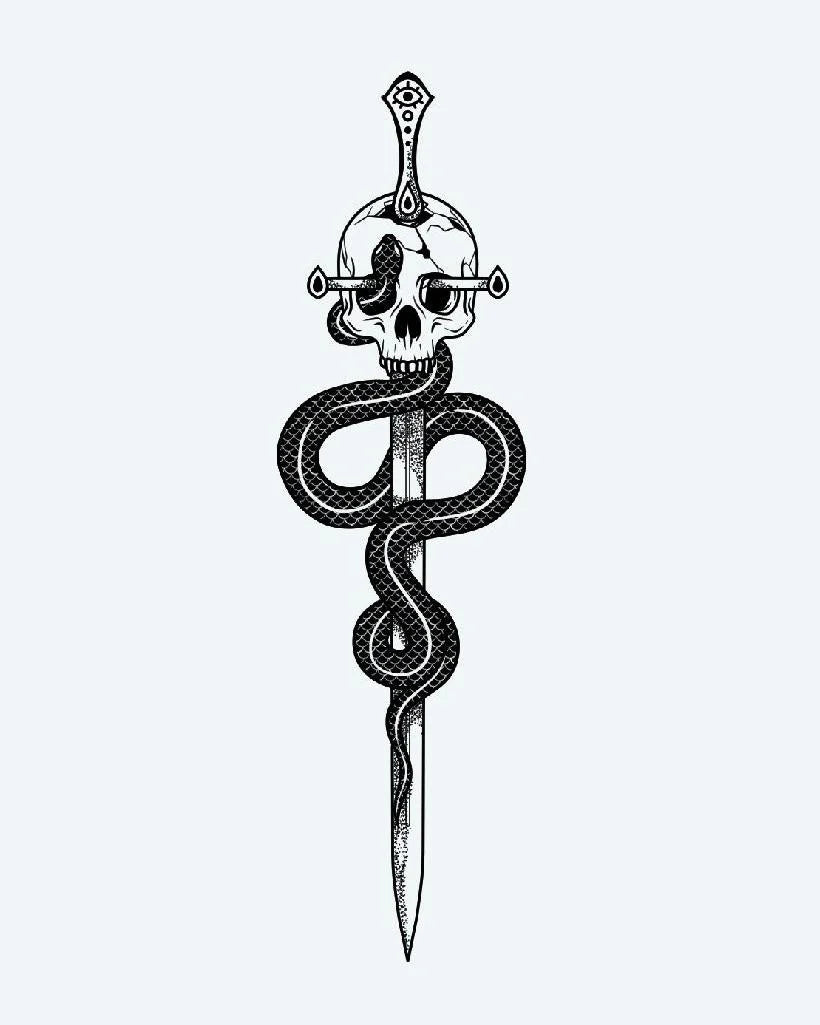 Tatuaje semi-permanente Serpiente y Daga con Calavera diseño de INKON – ilustración de ilustrativo, blackwork, enrollado, serpiente, daga, 4 x 7 in (10x17cm), disponible en inkon.co