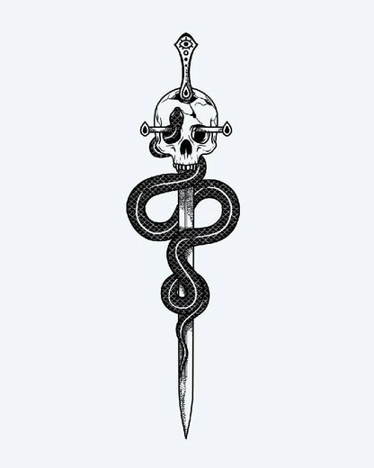 Tatuaje semi-permanente Serpiente y Daga con Calavera diseño de INKON – ilustración de ilustrativo, blackwork, enrollado, serpiente, daga, 4 x 7 in (10x17cm), disponible en inkon.co