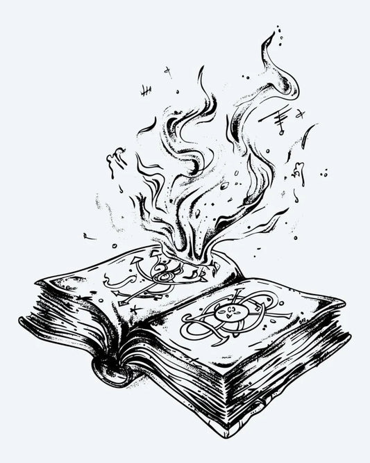Tatuaje semi-permanente Libro de Hechizos en Llamas diseño de INKON – ilustración de abierto, antiguo, hechizo, libro, místico, 4 x 4 in (9x9cm), disponible en inkon.co