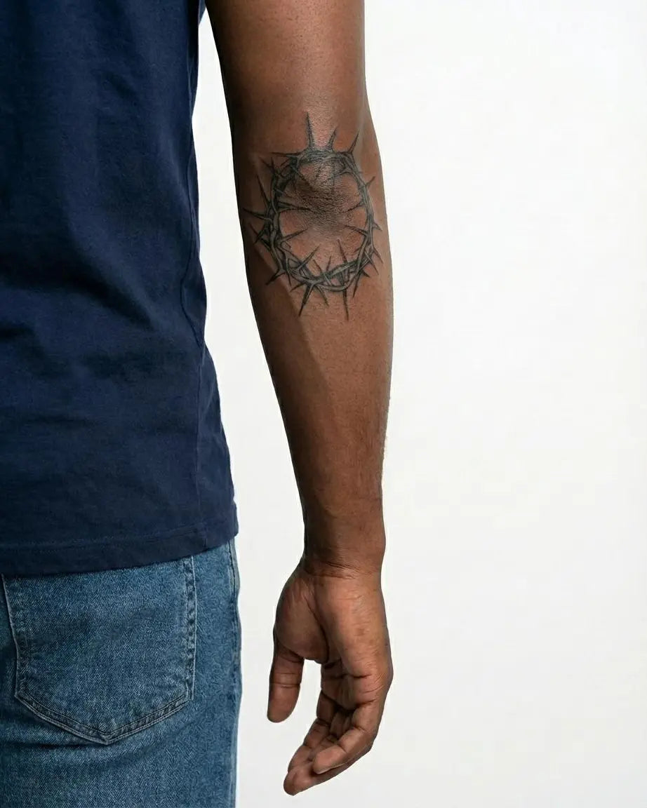 INKON Corona de Espinas tatuaje semi-permanente aplicado en un hombre – diseño de 4 x 4 in (9x9cm), apariencia de tinta realista, dura 10 días