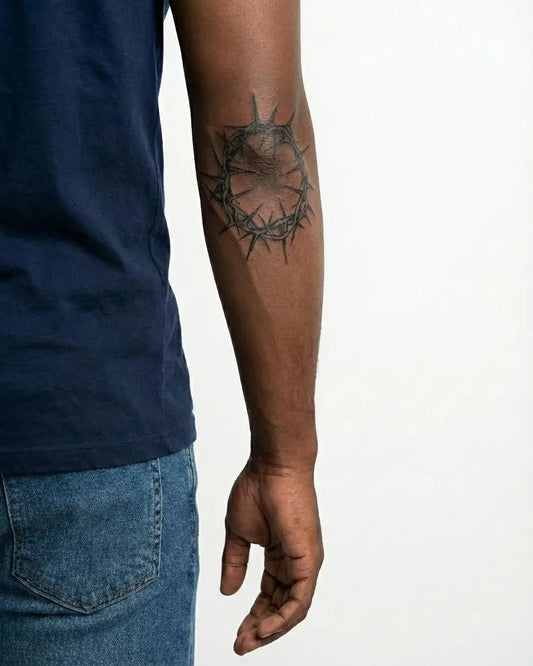 INKON Corona de Espinas tatuaje semi-permanente aplicado en un hombre – diseño de 4 x 4 in (9x9cm), apariencia de tinta realista, dura 10 días