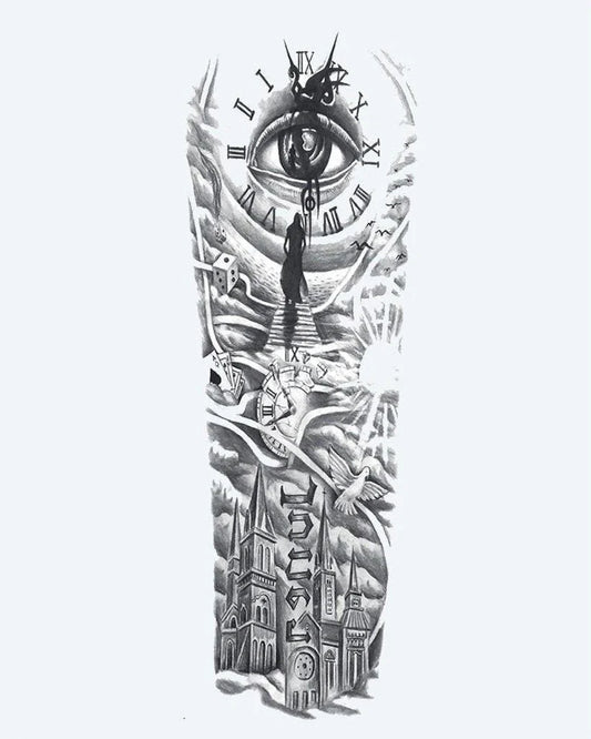 Tatuaje semi-permanente Manga de Ojo, Reloj y Catedral diseño de INKON – ilustración de completo, manga, viendo, dentro, romano, 8 x 20 in (20x50cm), disponible en inkon.co