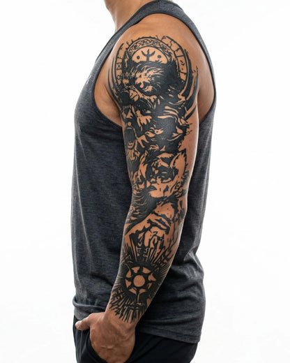 INKON Manga de Guerrero Vikingo tatuaje semi-permanente aplicado en un hombre – diseño de 8 x 20 in (20x50cm), apariencia de tinta realista, dura 10 días