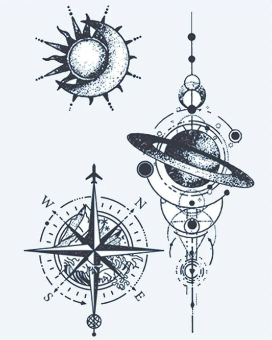 Tatuaje semi-permanente Navegación Cósmica diseño de INKON – ilustración de celestial, diseños, brújula, rosa, montañas, 4 x 7 in (10x17cm), disponible en inkon.co