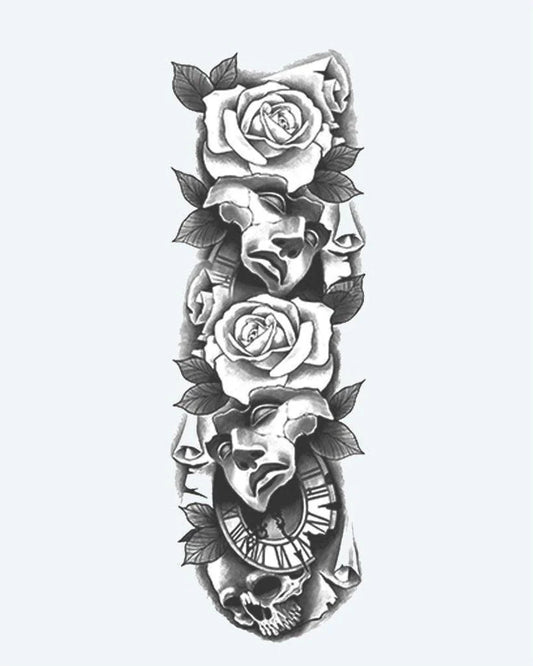 Tatuaje semi-permanente Máscaras de Teatro, Rosas y Calavera diseño de INKON – ilustración de expresivo, completo, manga, comedia, tragedia, 8 x 20 in (20x50cm), disponible en inkon.co