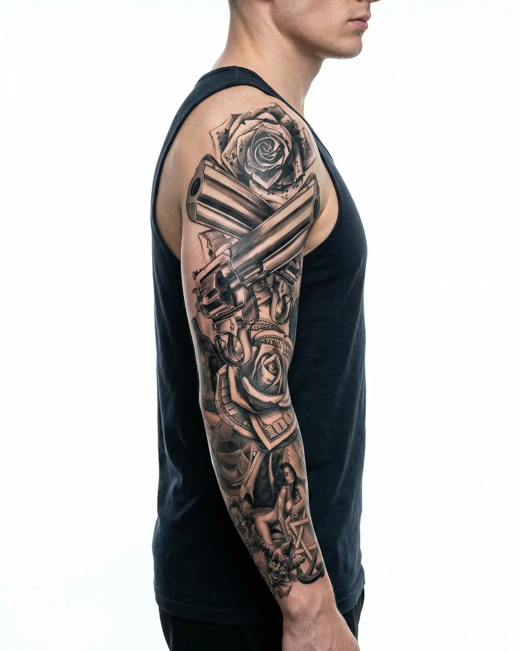 INKON Revólveres y Rosas tatuaje semi-permanente aplicado en un hombre – diseño de 8 x 20 in (20x50cm), apariencia de tinta realista, dura 10 días