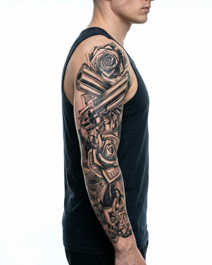 INKON Revólveres y Rosas tatuaje semi-permanente aplicado en un hombre – diseño de 8 x 20 in (20x50cm), apariencia de tinta realista, dura 10 días