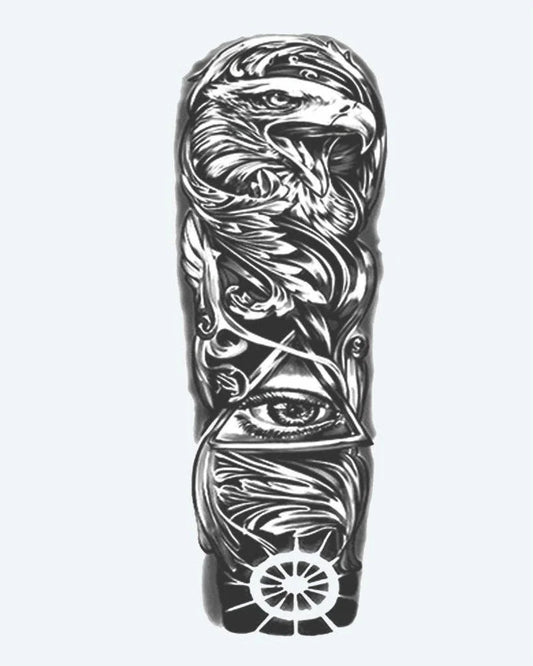 Tatuaje semi-permanente Águila y Ojo que Todo lo Ve diseño de INKON – ilustración de majestuoso, completo, manga, águila, viendo, 8 x 20 in (20x50cm), disponible en inkon.co