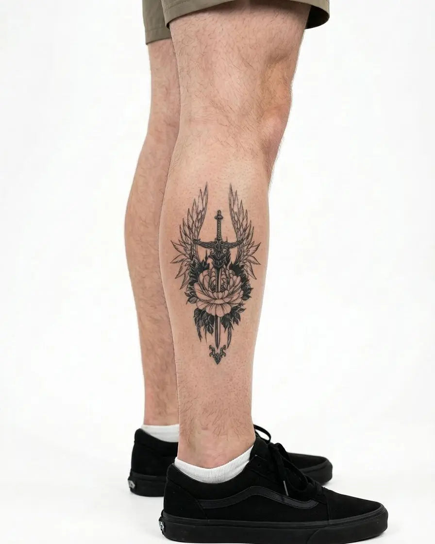 INKON Espada Alada y Peonía tatuaje semi-permanente aplicado en un hombre – diseño de 4 x 7 in (10x17cm), apariencia de tinta realista, dura 10 días