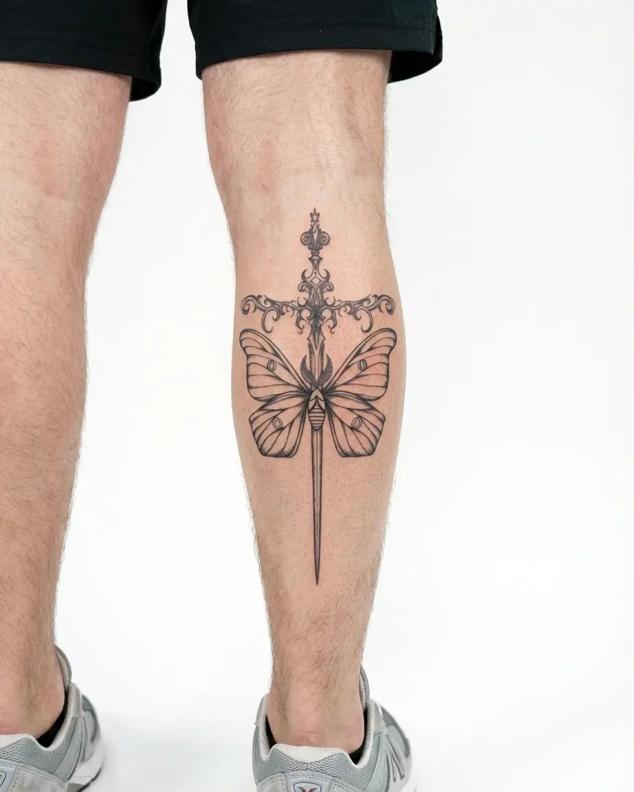 INKON Polilla y Daga Ornamental tatuaje semi-permanente aplicado en un hombre – diseño de 4 x 8 in (11x21cm), apariencia de tinta realista, dura 10 días