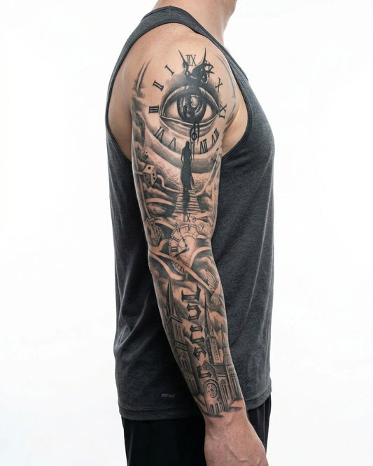 INKON Manga de Ojo, Reloj y Catedral tatuaje semi-permanente aplicado en un hombre – diseño de 8 x 20 in (20x50cm), apariencia de tinta realista, dura 10 días