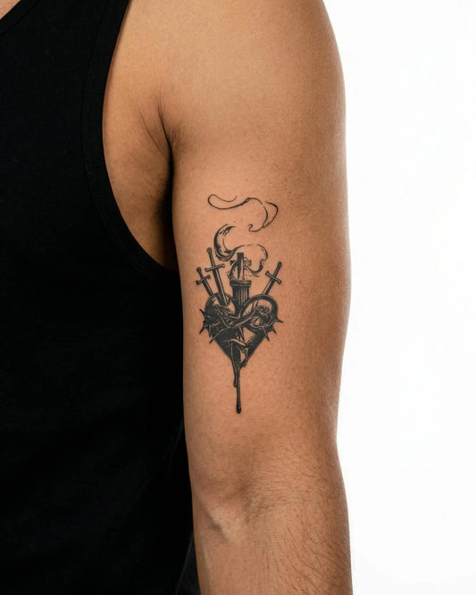 INKON Sagrado Corazón y Dagas tatuaje semi-permanente aplicado en un hombre – diseño de 3 x 4 in (6x11cm), apariencia de tinta realista, dura 10 días