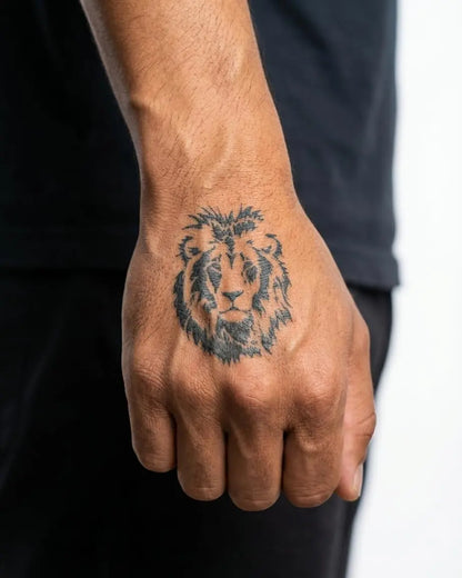 INKON Retrato de León tatuaje semi-permanente aplicado en un hombre – diseño de 2 x 2 in (5x5cm), apariencia de tinta realista, dura 10 días