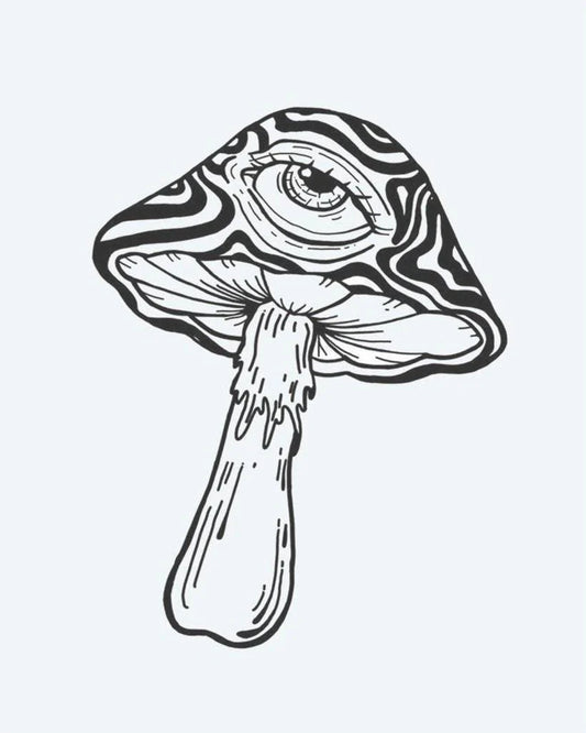 Tatuaje semi-permanente Ojo de Hongo Psicodélico diseño de INKON – ilustración de psicodélico, hongo, místico, incrustado, arremolinándose, 3 x 4 in (7x10cm), disponible en inkon.co