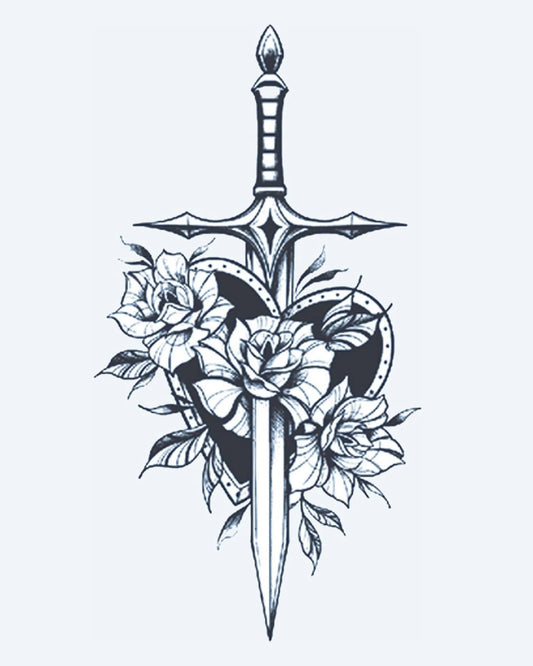 Tatuaje semi-permanente Escudo de Espada y Rosas diseño de INKON – ilustración de daga, atravesando, a través, corazón, con forma, 4 x 7 in (10x17cm), disponible en inkon.co