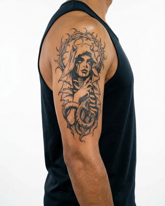 INKON Dama Velada y Serpiente tatuaje semi-permanente aplicado en un hombre – diseño de 4 x 8 in (11x21cm), apariencia de tinta realista, dura 10 días
