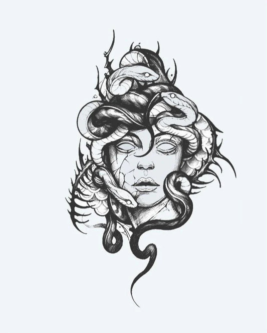 Tatuaje semi-permanente Medusa diseño de INKON – ilustración de inquietante, medusa, retrato, entrelazándose, serpientes, 4 x 7 in (10x17cm), disponible en inkon.co