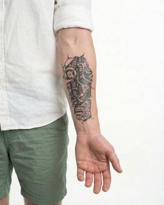 INKON Engranes Biomecánicos tatuaje semi-permanente aplicado en un hombre – diseño de 4 x 7 in (10x17cm), apariencia de tinta realista, dura 10 días