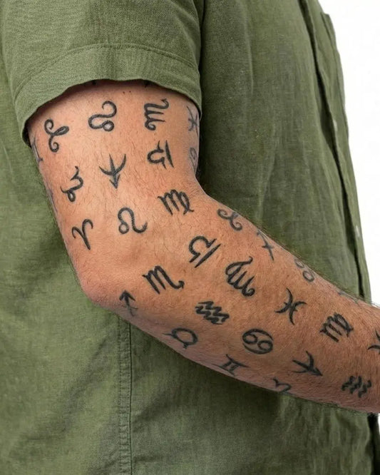 INKON Colección de Signos del Zodiaco tatuaje semi-permanente aplicado en un hombre – diseño de 4 x 7 in (10x17cm), apariencia de tinta realista, dura 10 días