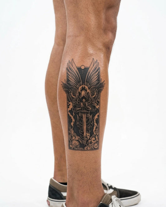 INKON Arcángel Oscuro tatuaje semi-permanente aplicado en un hombre – diseño de 4 x 7 in (10x17cm), apariencia de tinta realista, dura 10 días