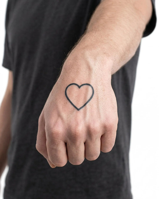 INKON Contorno de Corazón tatuaje semi-permanente aplicado en un hombre – diseño de 2 x 2 in (5x5cm), apariencia de tinta realista, dura 10 días