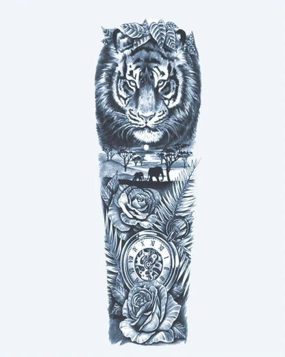 Tatuaje semi-permanente Tigre y Reloj de Safari diseño de INKON – ilustración de majestuoso, completo, manga, tigre, africano, 8 x 20 in (20x50cm), disponible en inkon.co