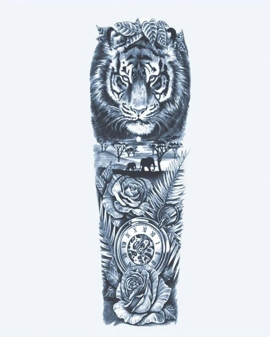 Tatuaje semi-permanente Tigre y Reloj de Safari diseño de INKON – ilustración de majestuoso, completo, manga, tigre, africano, 8 x 20 in (20x50cm), disponible en inkon.co