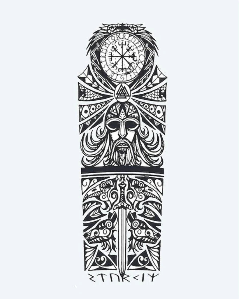 Tatuaje semi-permanente Odín Vikingo y Runas diseño de INKON – ilustración de nórdico, mitología, completo, manga, odín, 8 x 20 in (20x50cm), disponible en inkon.co