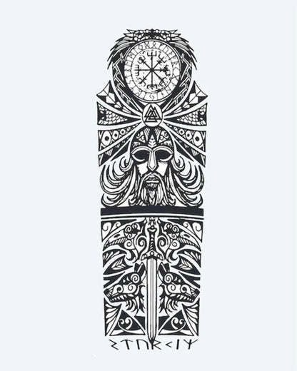 Tatuaje semi-permanente Odín Vikingo y Runas diseño de INKON – ilustración de nórdico, mitología, completo, manga, odín, 8 x 20 in (20x50cm), disponible en inkon.co