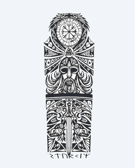 Tatuaje semi-permanente Odín Vikingo y Runas diseño de INKON – ilustración de nórdico, mitología, completo, manga, odín, 8 x 20 in (20x50cm), disponible en inkon.co