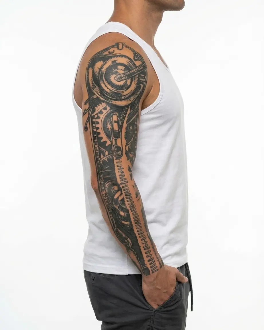 INKON Engranes Mecánicos Steampunk tatuaje semi-permanente aplicado en un hombre – diseño de 8 x 20 in (20x50cm), apariencia de tinta realista, dura 10 días