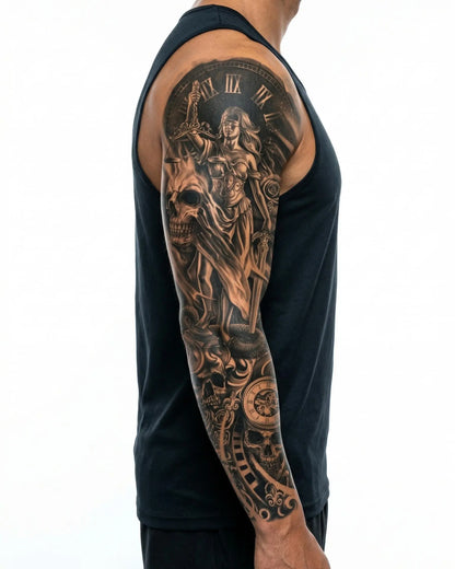 INKON Dama de la Justicia y Calaveras tatuaje semi-permanente aplicado en un hombre – diseño de 8 x 20 in (20x50cm), apariencia de tinta realista, dura 10 días