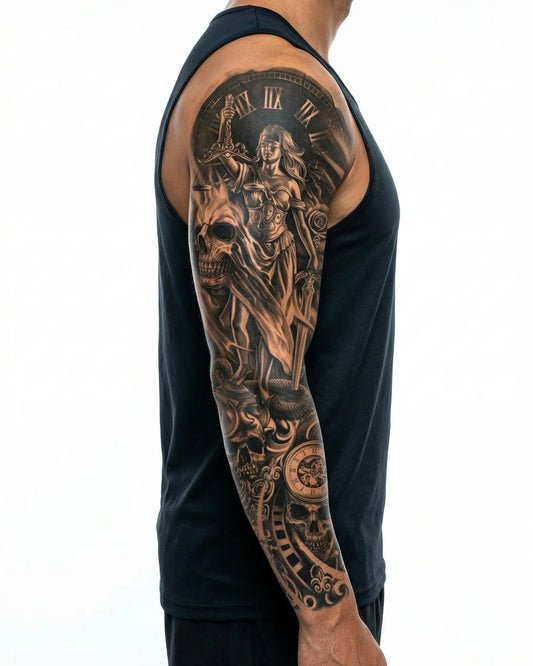 INKON Dama de la Justicia y Calaveras tatuaje semi-permanente aplicado en un hombre – diseño de 8 x 20 in (20x50cm), apariencia de tinta realista, dura 10 días