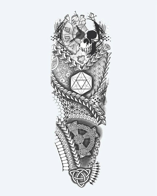 Tatuaje semi-permanente Calavera Geométrica y Geometría Sagrada diseño de INKON – ilustración de completo, manga, combinando, calavera, sagrado, 8 x 20 in (20x50cm), disponible en inkon.co
