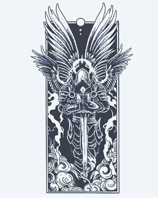 Tatuaje semi-permanente Arcángel Oscuro diseño de INKON – ilustración de blindado, arcángel, extendido, alas, sosteniendo, 4 x 7 in (10x17cm), disponible en inkon.co