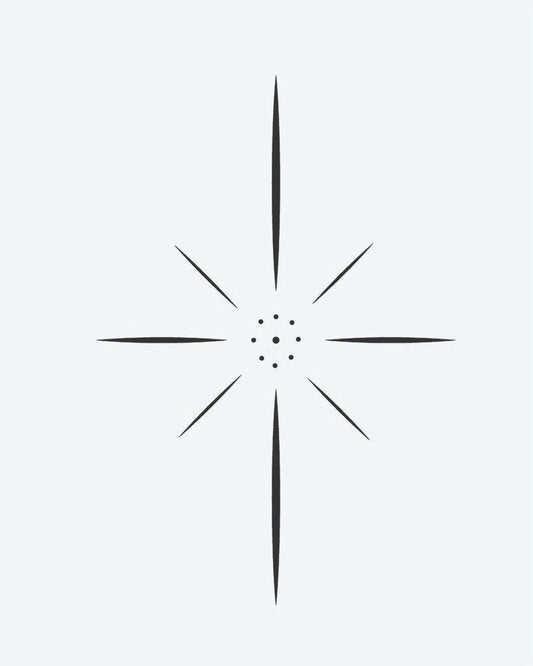Tatuaje semi-permanente Estrella Brillante diseño de INKON – ilustración de ocho, puntiagudo, estrella, acentos, centro, 2 x 2 in (5x5cm), disponible en inkon.co