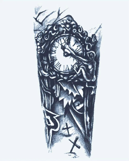 Tatuaje semi-permanente Torre del Reloj Gótica diseño de INKON – ilustración de oscuro, gótico, reloj, romano, números, 4 x 7 in (10x17cm), disponible en inkon.co