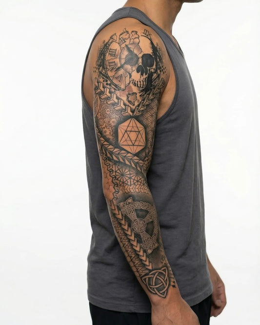INKON Calavera Geométrica y Geometría Sagrada tatuaje semi-permanente aplicado en un hombre – diseño de 8 x 20 in (20x50cm), apariencia de tinta realista, dura 10 días