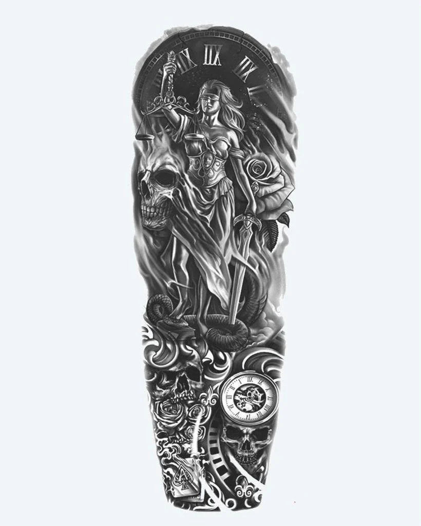 Tatuaje semi-permanente Dama de la Justicia y Calaveras diseño de INKON – ilustración de dramático, completo, manga, dama, justicia, 8 x 20 in (20x50cm), disponible en inkon.co